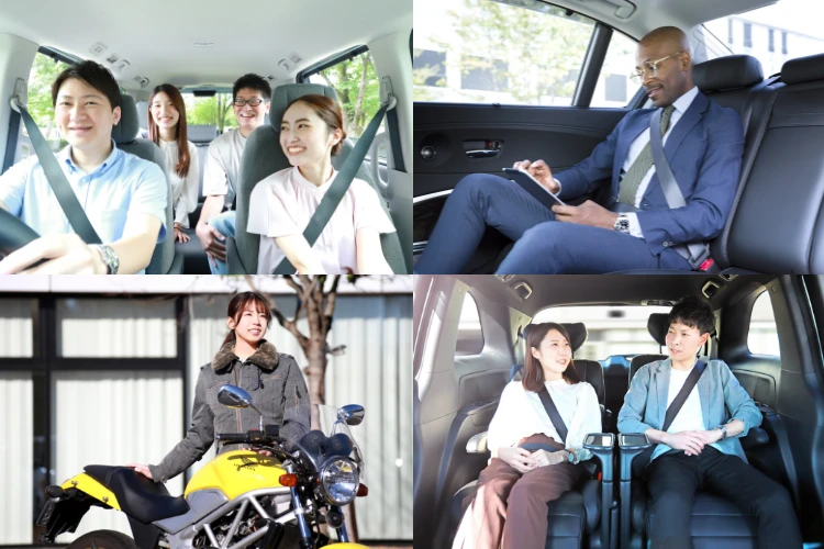 From the left, Four men and women enjoying their time in the cabin, A businessperson controls a tablet in a car, A woman's hand on a motorcycle