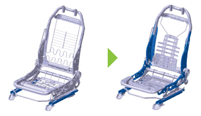 Comparison of the old and new seat frames. In the new model, you can see that the skeleton on the side is a new material.