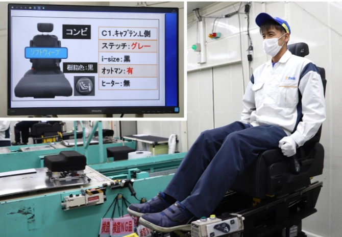 A monitor showing the results of the imaging test and an employee who sits on the finished sheet to check the operation