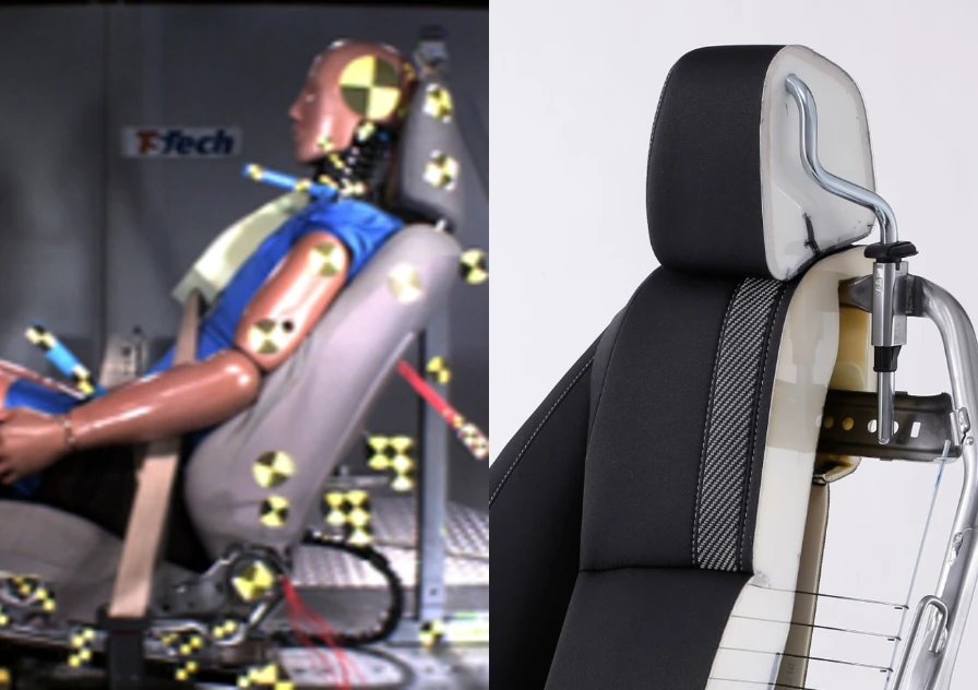 人体ダミーが乗ったシートが衝突試験機で打ち出されている様子の写真と、左半分がフレームになっているハーフカットのシートの写真。