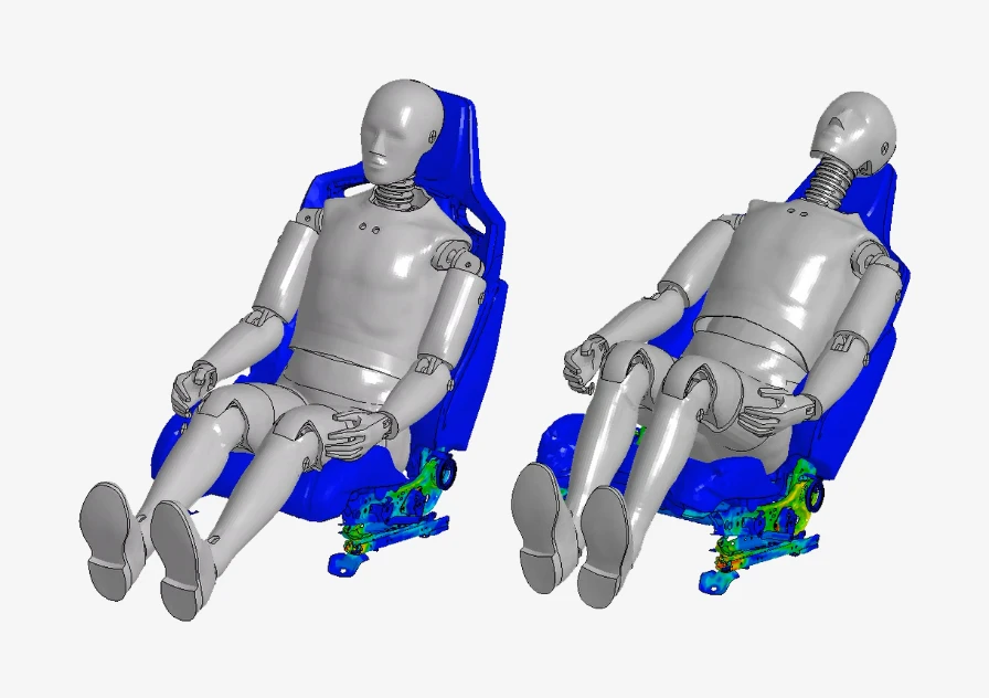 衝突時の人体とシートの状態を示すシミュレーション解析画像。