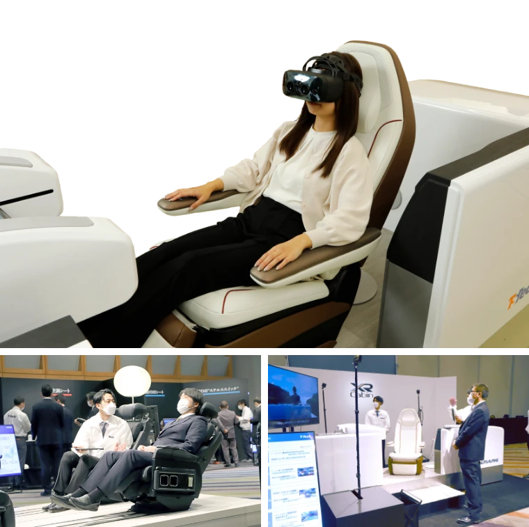 above:A picture of a person sitting in a seat with an image of a next-generation car. He's wearing goggles and enjoying the video.
									the bottom left:A conversation between two people sitting on a seat at a product show.
									the bottom right:Employees showing off their technology at product trade shows and listening intently to explanations.