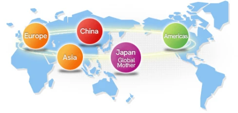 On a map of the world, the five global mothers of Japan, the Americas, China, Europe and Asia are linked in a circle.