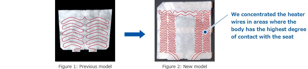 Comparison of old and new heater wire arrangement of cushion