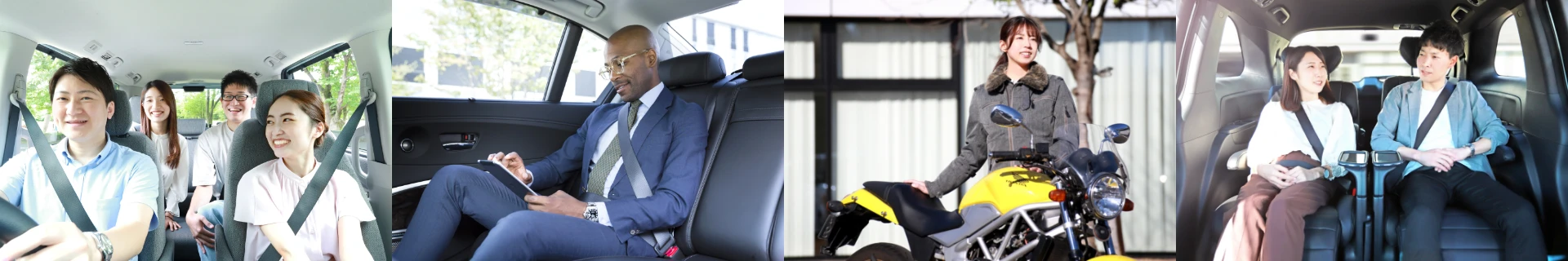 From the left, Four men and women enjoying their time in the cabin, A businessperson controls a tablet in a car, A woman's hand on a motorcycle