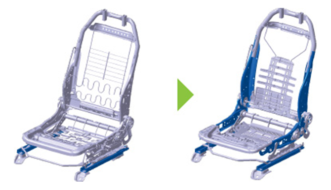 旧型シートフレームと新型シートフレームの比較図。新型では横側の骨格部品が新素材となっているのがわかる。