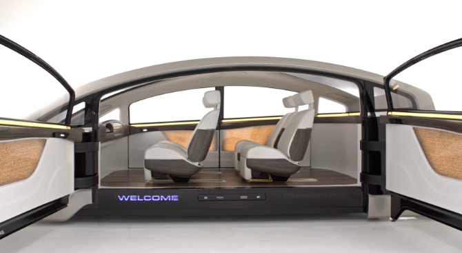 Open interior spaces inspired by next-generation vehicles