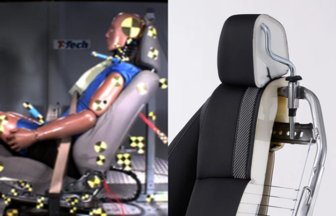 A picture of a seat with a human dummy on it being shot out by a crash tester, and a picture of a half-cut seat framed on the left half.