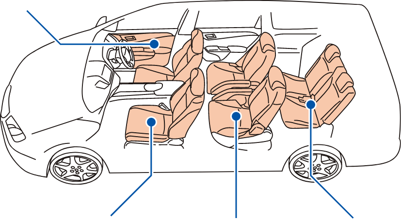 Image of the interior of a minivan. Door trim and seats are highlighted.