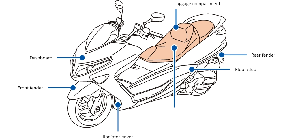 Image of a large scooter. The large section of the seat is highlighted.