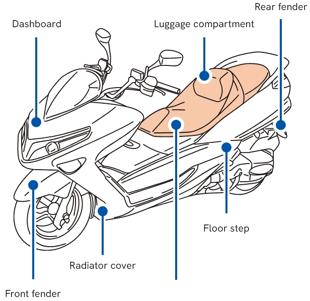 Image of a large scooter. The large section of the seat is highlighted.