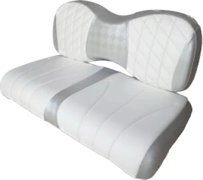 Leisure vehicle seat that is white, low back, and can seat about three people side by side