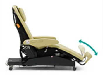 The medical chair is viewed from the side to show the movement of the part where the foot rests.